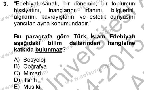Türk İslam Edebiyatı Dersi 2014 - 2015 Yılı (Vize) Ara Sınavı 3. Soru