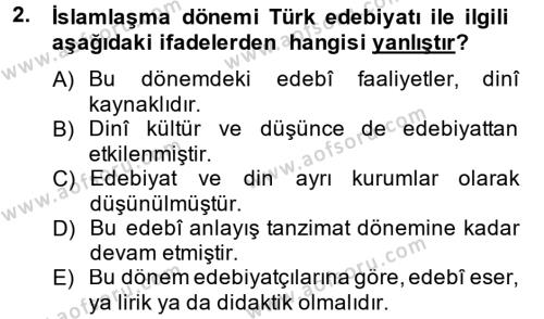 Türk İslam Edebiyatı Dersi 2014 - 2015 Yılı (Final) Dönem Sonu Sınavı 2. Soru