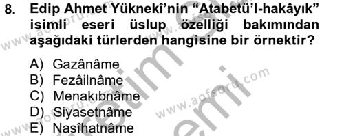Türk İslam Edebiyatı Dersi 2014 - 2015 Yılı (Final) Dönem Sonu Sınavı 8. Soru
