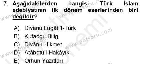 Türk İslam Edebiyatı Dersi 2015 - 2016 Yılı (Vize) Ara Sınavı 7. Soru