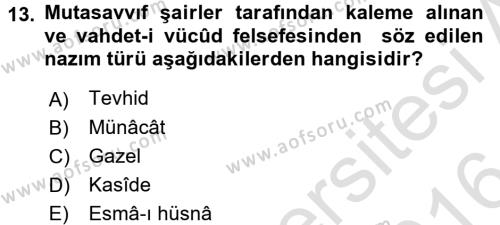 Türk İslam Edebiyatı Dersi 2015 - 2016 Yılı (Final) Dönem Sonu Sınavı 13. Soru