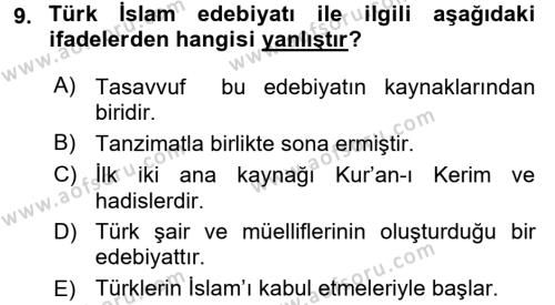 Türk İslam Edebiyatı Dersi 2015 - 2016 Yılı (Final) Dönem Sonu Sınavı 9. Soru