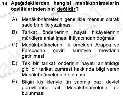 Türk İslam Edebiyatı Dersi 2015 - 2016 Yılı Tek Ders Sınavı 14. Soru