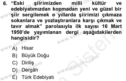Türk İslam Edebiyatı Dersi 2015 - 2016 Yılı Tek Ders Sınavı 6. Soru