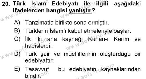 Türk İslam Edebiyatı Dersi 2016 - 2017 Yılı 3 Ders Sınavı 20. Soru