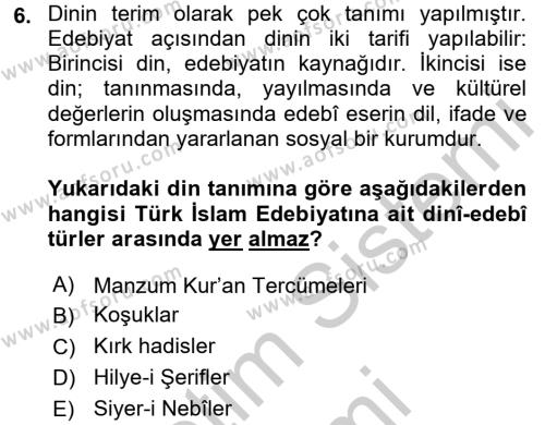 Türk İslam Edebiyatı Dersi 2016 - 2017 Yılı (Vize) Ara Sınavı 6. Soru