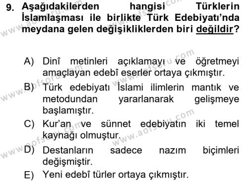 Türk İslam Edebiyatı Dersi 2016 - 2017 Yılı (Vize) Ara Sınavı 9. Soru