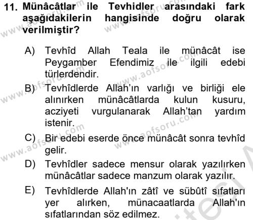 Türk İslam Edebiyatı Dersi 2016 - 2017 Yılı (Final) Dönem Sonu Sınavı 11. Soru
