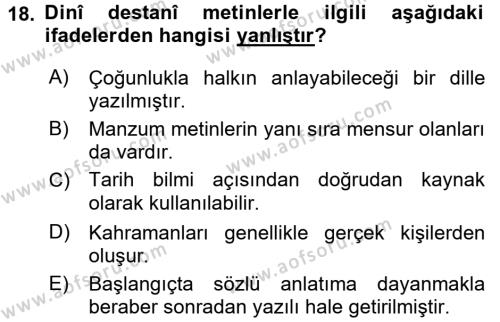 Türk İslam Edebiyatı Dersi 2016 - 2017 Yılı (Final) Dönem Sonu Sınavı 18. Soru