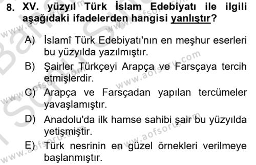 Türk İslam Edebiyatı Dersi 2016 - 2017 Yılı (Final) Dönem Sonu Sınavı 8. Soru