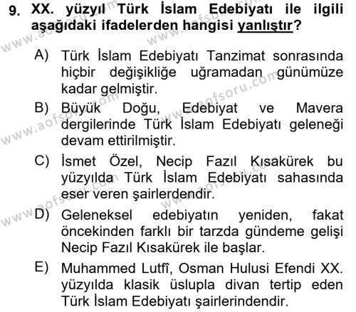 Türk İslam Edebiyatı Dersi 2016 - 2017 Yılı (Final) Dönem Sonu Sınavı 9. Soru