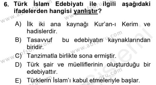 Türk İslam Edebiyatı Dersi 2017 - 2018 Yılı 3 Ders Sınavı 6. Soru