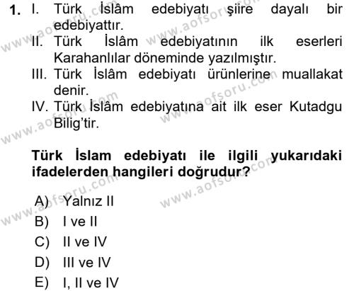 Türk İslam Edebiyatı Dersi 2017 - 2018 Yılı (Vize) Ara Sınavı 1. Soru