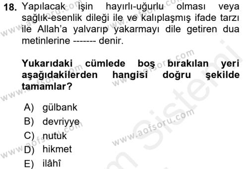 Türk İslam Edebiyatı Dersi 2017 - 2018 Yılı (Final) Dönem Sonu Sınavı 18. Soru