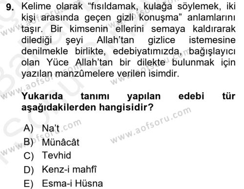 Türk İslam Edebiyatı Dersi 2017 - 2018 Yılı (Final) Dönem Sonu Sınavı 9. Soru