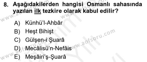 Türk İslam Edebiyatı Dersi 2018 - 2019 Yılı (Vize) Ara Sınavı 8. Soru