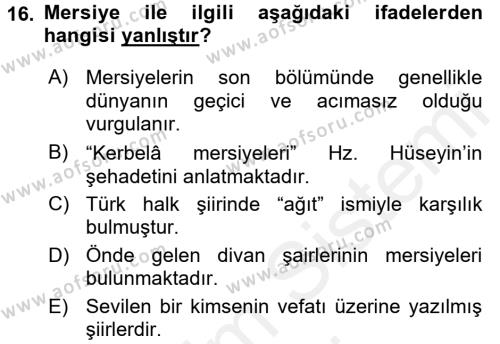 Türk İslam Edebiyatı Dersi 2018 - 2019 Yılı (Final) Dönem Sonu Sınavı 16. Soru