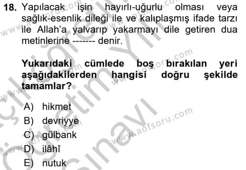 Türk İslam Edebiyatı Dersi 2018 - 2019 Yılı Yaz Okulu Sınavı 18. Soru
