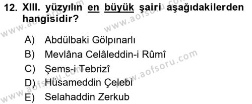 Türk İslam Edebiyatı Dersi 2020 - 2021 Yılı Yaz Okulu Sınavı 12. Soru