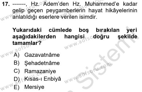 Türk İslam Edebiyatı Dersi 2020 - 2021 Yılı Yaz Okulu Sınavı 17. Soru