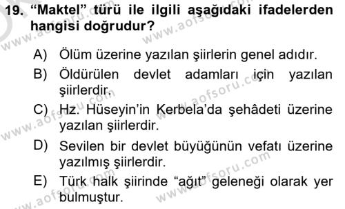 Türk İslam Edebiyatı Dersi 2020 - 2021 Yılı Yaz Okulu Sınavı 19. Soru