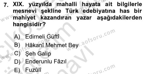 Türk İslam Edebiyatı Dersi 2020 - 2021 Yılı Yaz Okulu Sınavı 7. Soru