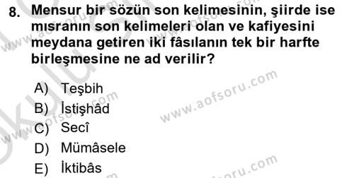 Türk İslam Edebiyatı Dersi 2020 - 2021 Yılı Yaz Okulu Sınavı 8. Soru
