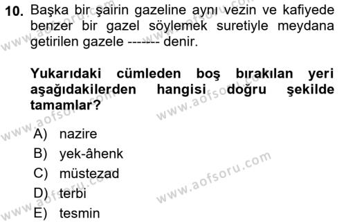 Türk İslam Edebiyatı Dersi 2021 - 2022 Yılı (Vize) Ara Sınavı 10. Soru