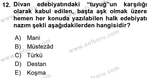 Türk İslam Edebiyatı Dersi 2021 - 2022 Yılı (Vize) Ara Sınavı 12. Soru