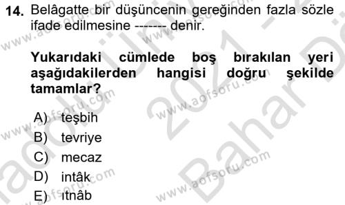 Türk İslam Edebiyatı Dersi 2021 - 2022 Yılı (Vize) Ara Sınavı 14. Soru