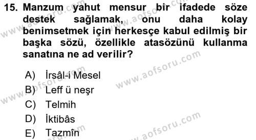 Türk İslam Edebiyatı Dersi 2021 - 2022 Yılı (Vize) Ara Sınavı 15. Soru