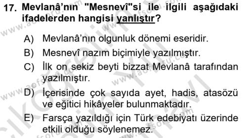 Türk İslam Edebiyatı Dersi 2021 - 2022 Yılı (Vize) Ara Sınavı 17. Soru