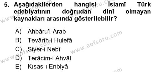 Türk İslam Edebiyatı Dersi 2021 - 2022 Yılı (Vize) Ara Sınavı 5. Soru