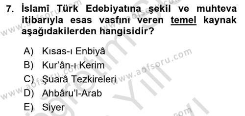 Türk İslam Edebiyatı Dersi 2021 - 2022 Yılı (Vize) Ara Sınavı 7. Soru