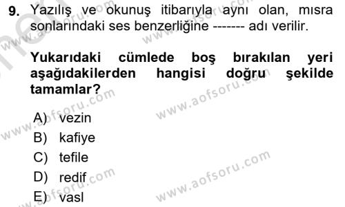 Türk İslam Edebiyatı Dersi 2021 - 2022 Yılı (Vize) Ara Sınavı 9. Soru