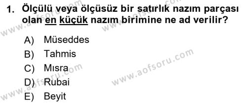 Türk İslam Edebiyatı Dersi 2021 - 2022 Yılı (Final) Dönem Sonu Sınavı 1. Soru