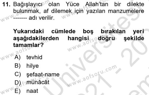 Türk İslam Edebiyatı Dersi 2021 - 2022 Yılı (Final) Dönem Sonu Sınavı 11. Soru