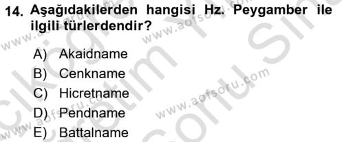 Türk İslam Edebiyatı Dersi 2021 - 2022 Yılı (Final) Dönem Sonu Sınavı 14. Soru