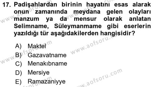 Türk İslam Edebiyatı Dersi 2021 - 2022 Yılı (Final) Dönem Sonu Sınavı 17. Soru