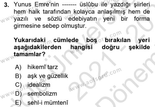 Türk İslam Edebiyatı Dersi 2021 - 2022 Yılı (Final) Dönem Sonu Sınavı 3. Soru