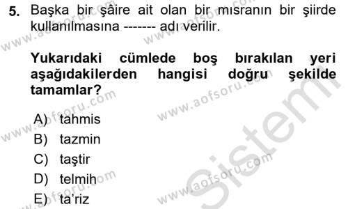 Türk İslam Edebiyatı Dersi 2021 - 2022 Yılı (Final) Dönem Sonu Sınavı 5. Soru