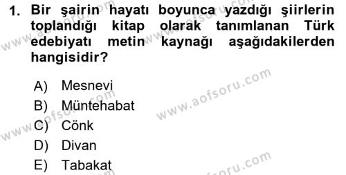 Türk İslam Edebiyatı Dersi 2021 - 2022 Yılı Yaz Okulu Sınavı 1. Soru