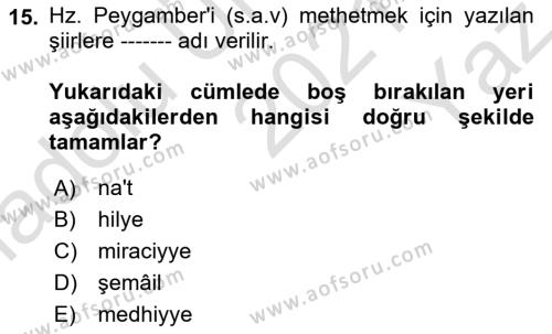 Türk İslam Edebiyatı Dersi 2021 - 2022 Yılı Yaz Okulu Sınavı 15. Soru