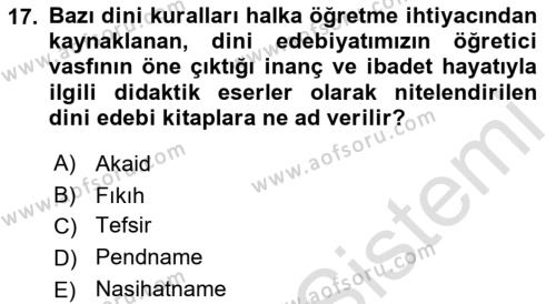 Türk İslam Edebiyatı Dersi 2021 - 2022 Yılı Yaz Okulu Sınavı 17. Soru