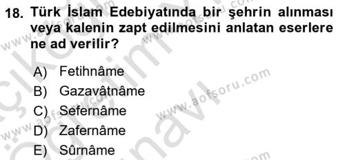 Türk İslam Edebiyatı Dersi 2021 - 2022 Yılı Yaz Okulu Sınavı 18. Soru