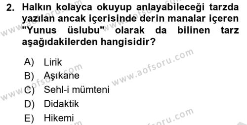 Türk İslam Edebiyatı Dersi 2021 - 2022 Yılı Yaz Okulu Sınavı 2. Soru