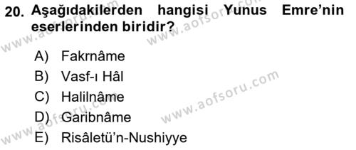 Türk İslam Edebiyatı Dersi 2021 - 2022 Yılı Yaz Okulu Sınavı 20. Soru