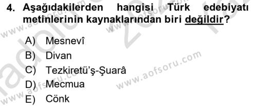 Türk İslam Edebiyatı Dersi 2021 - 2022 Yılı Yaz Okulu Sınavı 4. Soru