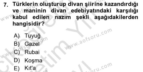 Türk İslam Edebiyatı Dersi 2021 - 2022 Yılı Yaz Okulu Sınavı 7. Soru