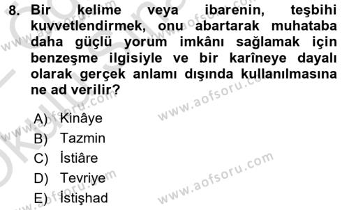 Türk İslam Edebiyatı Dersi 2021 - 2022 Yılı Yaz Okulu Sınavı 8. Soru